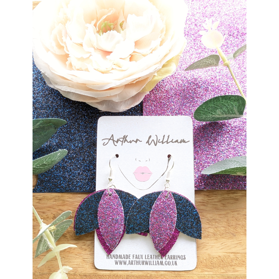 Purple and navy fine glitter petal dangles