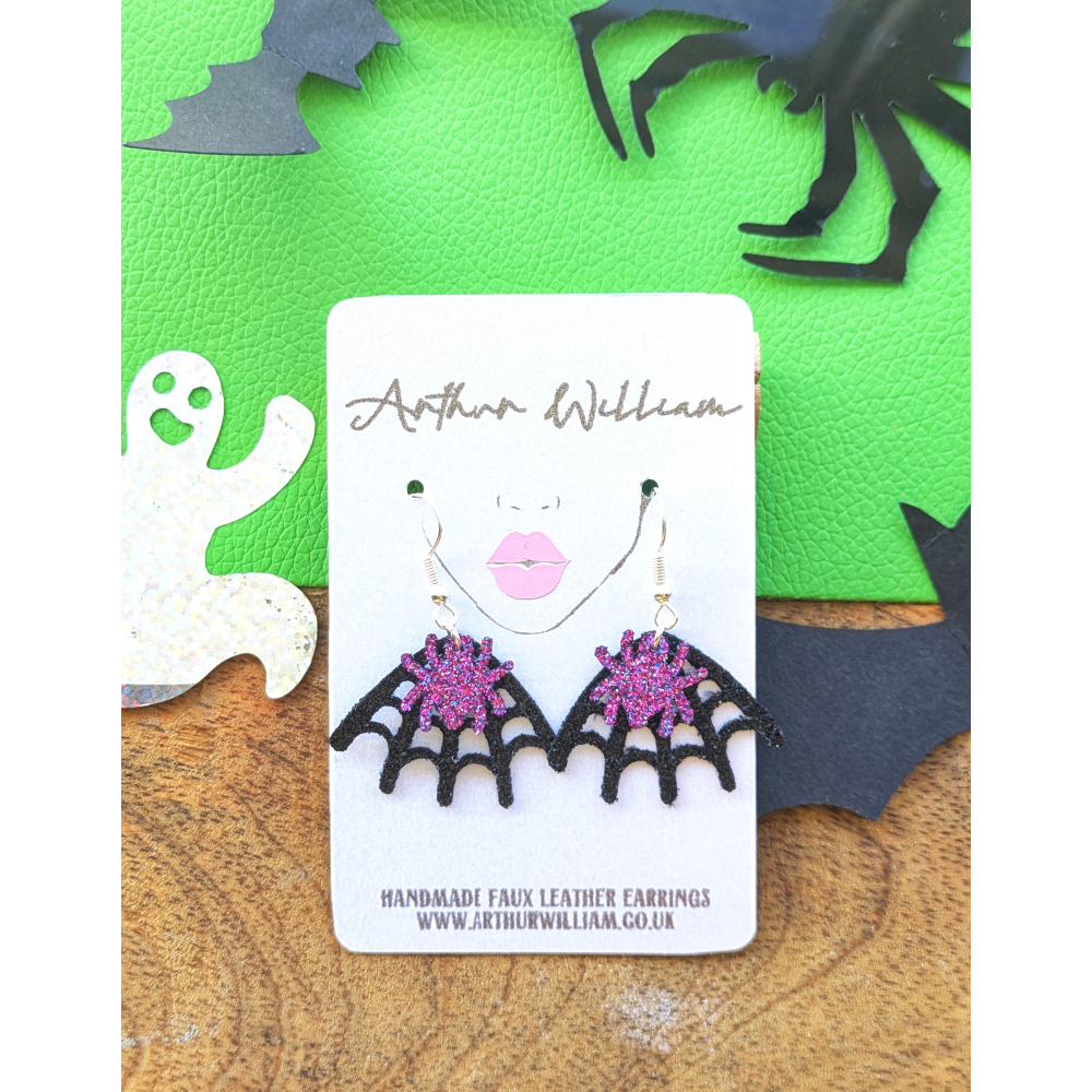 Purple spider and black web fine glitter earrings