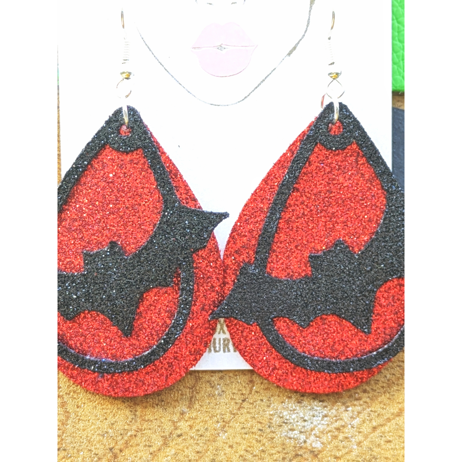 Black and Red fine glitter bat earrings