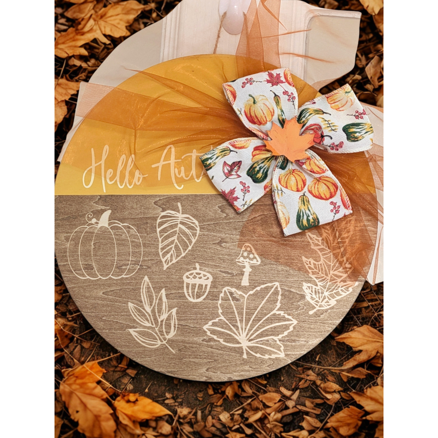 Mustard yellow autumn leaves wooden sign