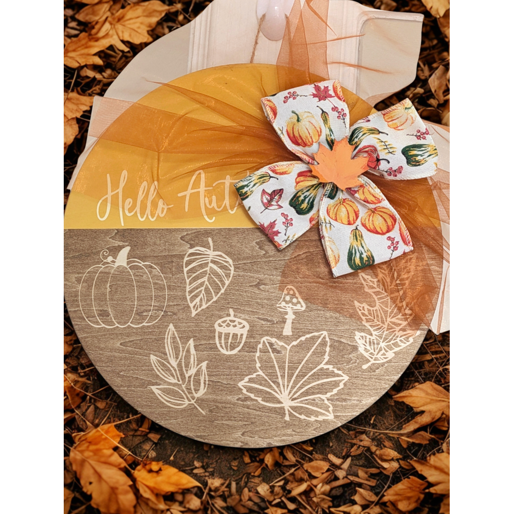 Mustard yellow autumn leaves wooden sign