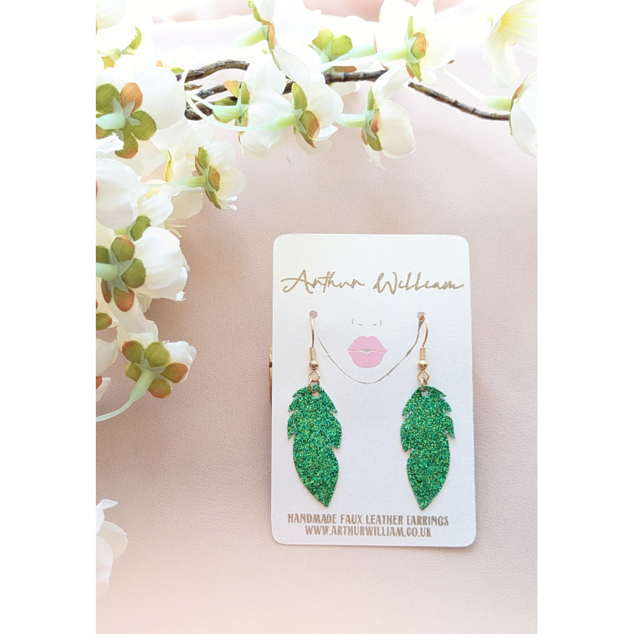 Green fine glitter feather dangles