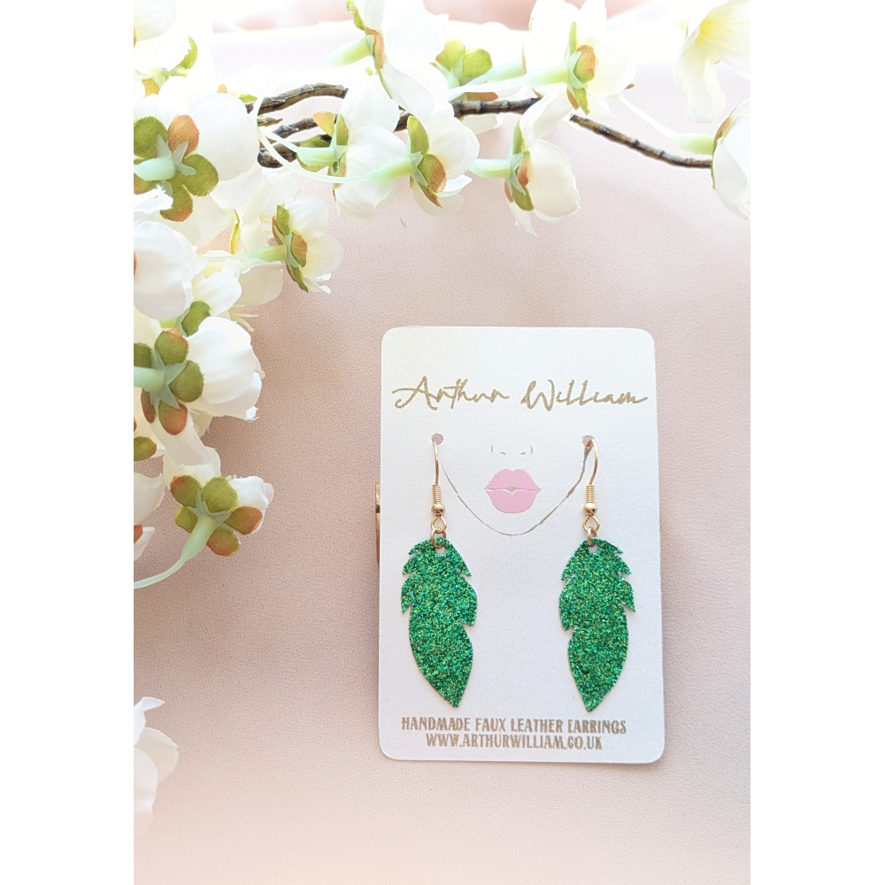 Green fine glitter feather dangles