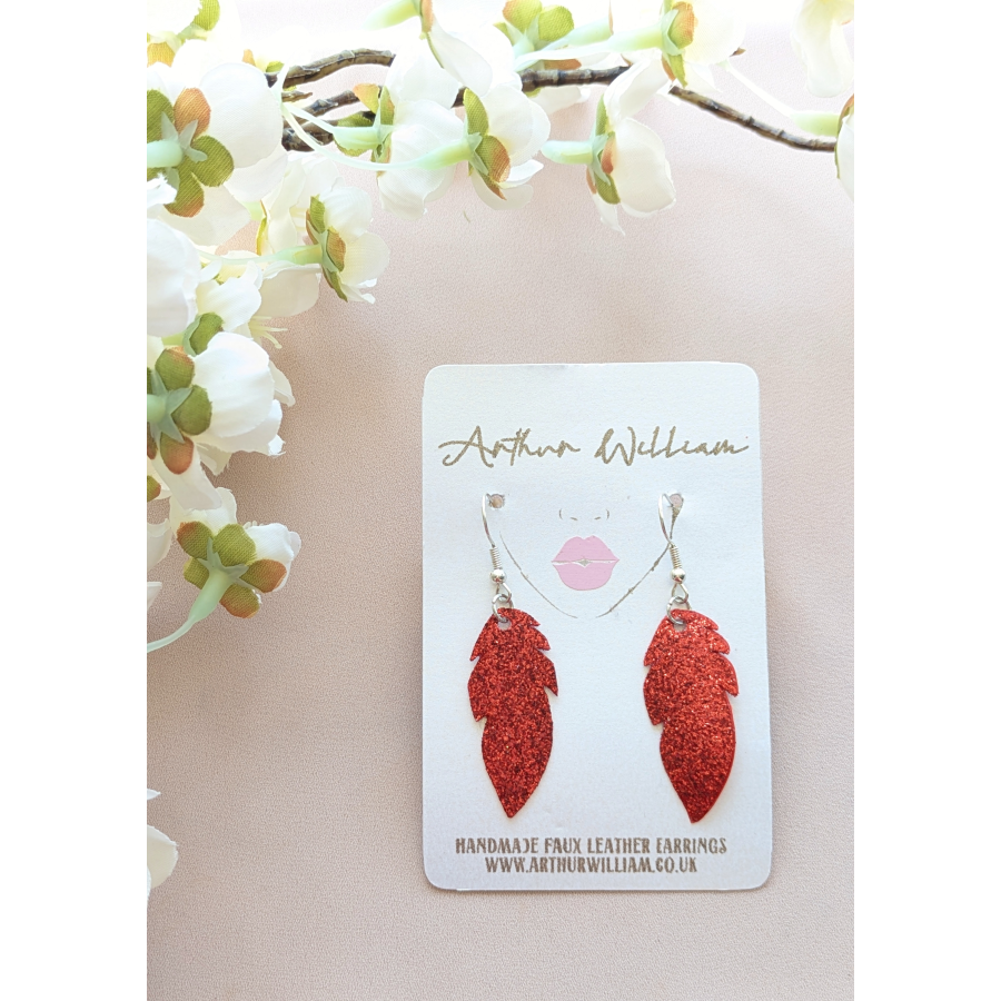 Red fine glitter feather dangles