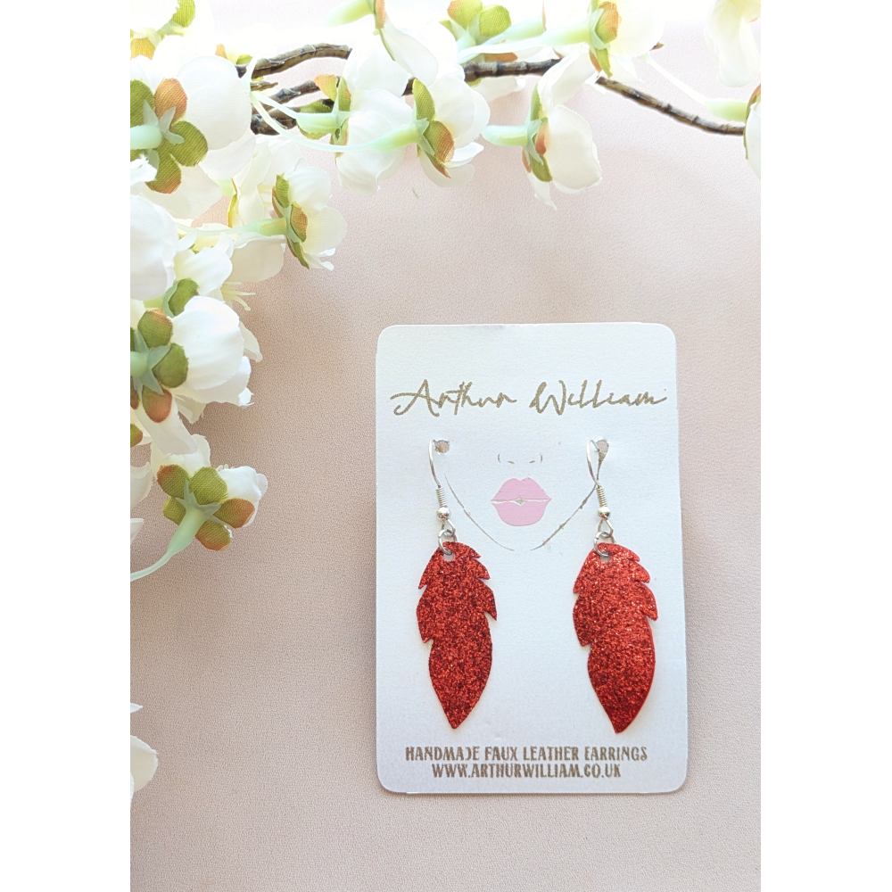 Red fine glitter feather dangles